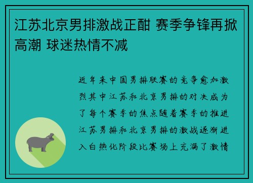 江苏北京男排激战正酣 赛季争锋再掀高潮 球迷热情不减