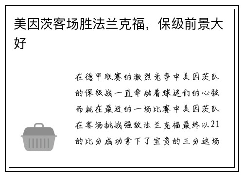 美因茨客场胜法兰克福，保级前景大好